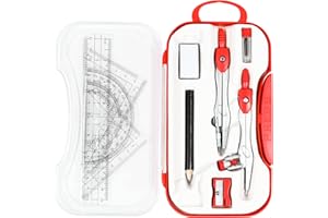 Vobou 10 Pieces Math Geometry Kit Set Student Supplies with Shatterproof Storage Box,Includes Rulers,Protractor,Compass,Eraser,Pencil Sharpener,Lead Refills,Pencil,for School and Drawings（Red）