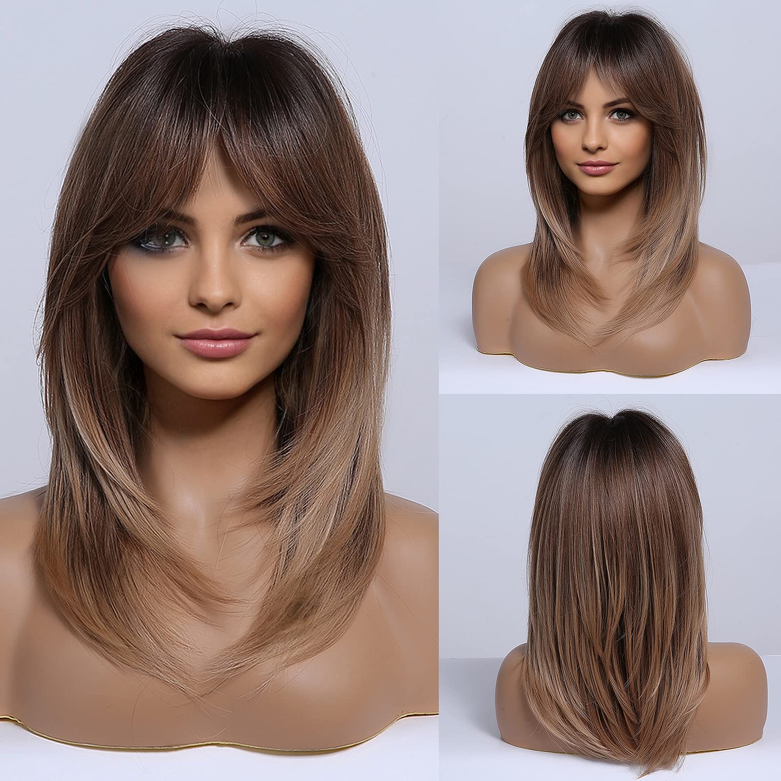 HAIRCUBE Long Brown Wigs for Women, Layered Synthetic Hair Wig with Fringe, Ombre Brown to Blonde with Dark Roots