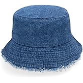 Lrastok Denim Bucket Hat Trendy Washed Cotton Sun Cap Beach Fisherman Hat for Women Men