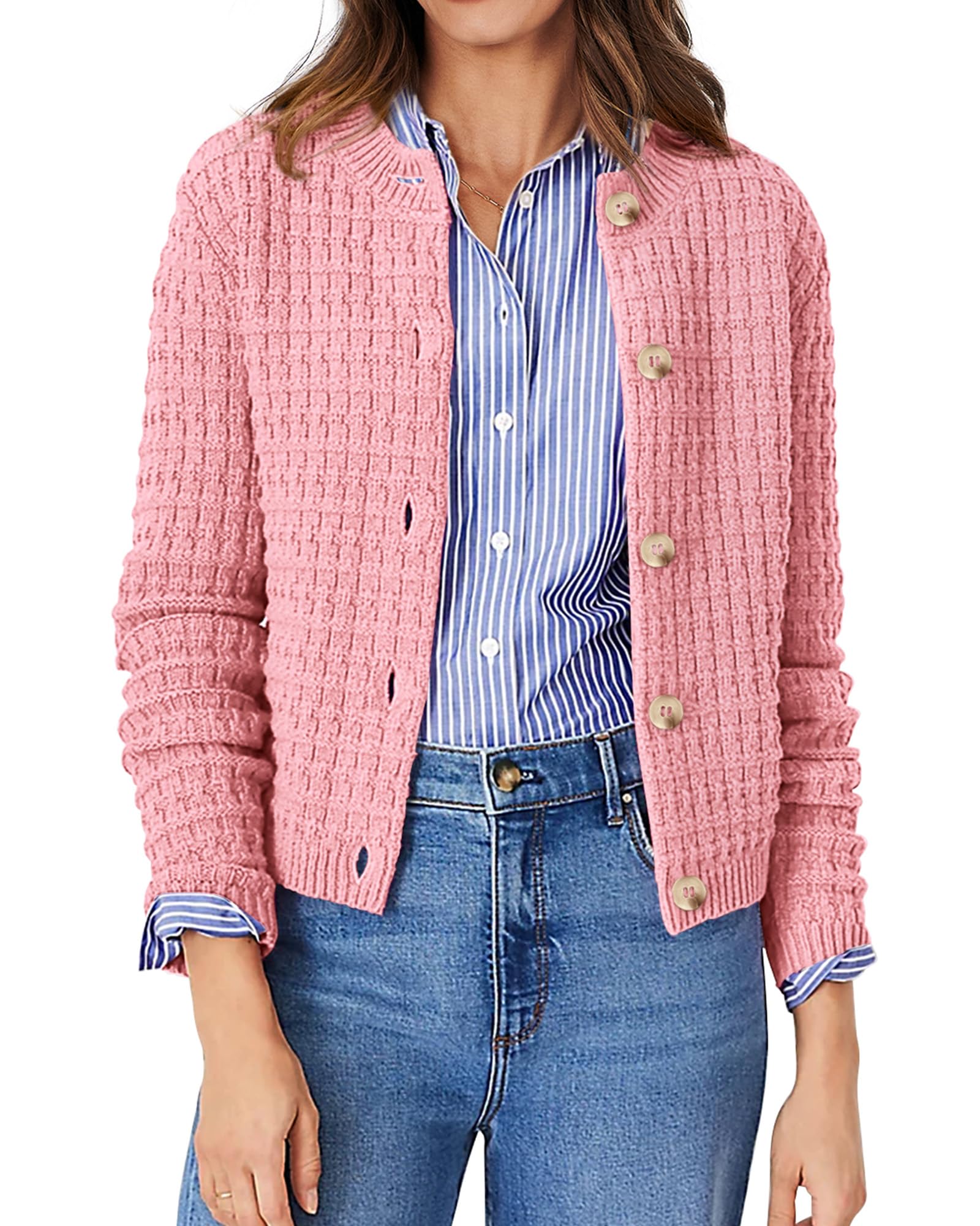 PRETTYGARDEN Women's Knit Cardigan Sweaters Casual Long Sleeve Open Front Button Down Trendy Jackets Outerwear (Pink,XX-Large) Image