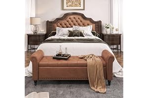 FIVEWILLOWISE 65 Inch Bedroom Bench, End of Bed Bench with Storage, Bed Benches for Foot of Bed, Faux Leather Window Bench with Tufted Button and Nailhead Trim, Upholstered Storage Bench with Rolled Arms, Brown