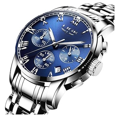 Fanmis Fashion Sport Military Full Steel Business Date Waterproof Multifunction Chronograph Quartz Men Watch - Silver Blue