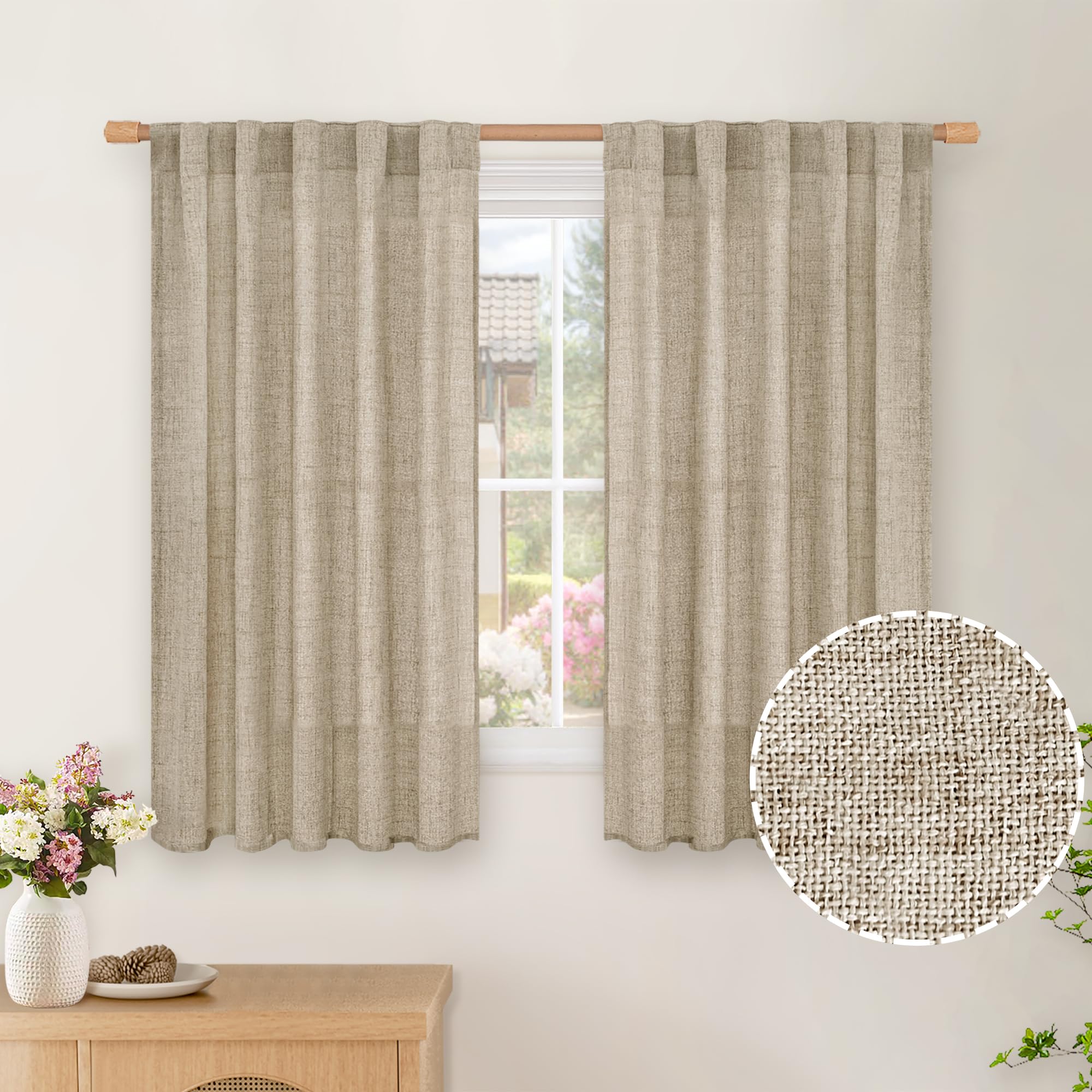 Photo 1 of BGment Short Linen Curtains 45 Inch Length for Window, Rod Pocket Linen Textured Drapes Light Filtering Privacy for Bedroom Kitchen Cafe Farmhouse Back Tab, Dark Oatmeal, 2 Panels, 42 X 45 Inch
