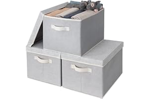 GRANNY SAYS Fabric Boxes with Lids, Decorative Baskets for Storage Containers for Closet, Cloth Storage Bins Jumbo Storage Boxes for Linens Clothes Organizers, Gray/Beige, 3-Pack