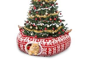 Petrendy Cat Tunnel Christmas Tree Skirt, Cute Cat-Proof Tunnel Bed Under Christmas Tree with Washable Cushion, Soft Pet Donu