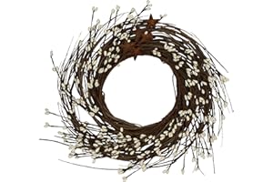CVHOMEDECO. Primitives Rustic Pip Berries and Twig with Rusty Barn Stars Wreath, 12-Inch, Ivory