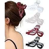 Mesovor 4 Pack Bow Hair Claw Clips for Women, Nonslip 4.3" Large Hair Grip Clawclips for Thin and Thick | Bowknot Hair Strong Hold Hair Jaw Clamps Gifts (Black, Burgundy, White, Red Polka Dots)