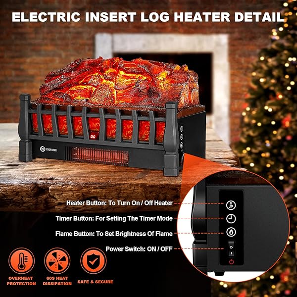ELECTRIC FIREPLACE LOGS INSERTS HEATER WITH INFRARED REMOTE CONTROLLER 5 FLAME BRIGHTNESS 24 H TIMER OVERHEATING PROTECTION FOR HOME AND OFFICE DECOR BLACK