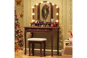 Tiptiper Vanity Desk, Makeup Vanity with Lighted Tri-Folding Mirror & Stool, Vanity Table Set with 10 LED Light Bulbs & 3 Color Lighting Modes, Makeup Table with 5 Storage Drawers, Brown