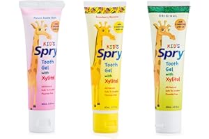 Spry Natural Xylitol Toothpaste for Baby, Toddler, Kids Age 3 Months Up - Fluoride Free Tooth Gel, Support Development of Emerging Teeth, Strawberry Banana, Bubblegum, Original, 2 Fl Oz (Pack of 3)
