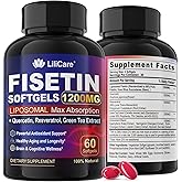 LILICARE Fisetin Supplement - Liposomal Super Absorption 98% Pure 1200mg with Quercetin, Resveratrol, Green Tea Extract for Healthy Aging & Longevity, Skin Health, Brain & Antioxidant - 60 Softgels
