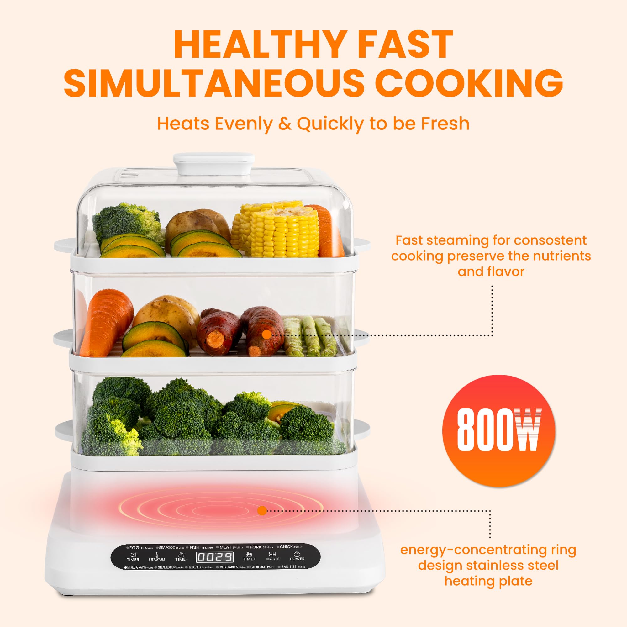 Pukomc Food Steamer 3 Tier 16QT Electric Vegetable Steamer With Appointment and Timer Multifunctional Digital Steamer For Fast Simultaneous Cooking (800W)