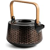 Viant&eacute; Ceramic Teapot, 1L (33.8 oz), Matte Black Tea Pot with Foldable Bamboo Handle and Copper Geometric Design, Serves 4 to 5, Gift Boxed Teapot for Steeping and Serving Tea