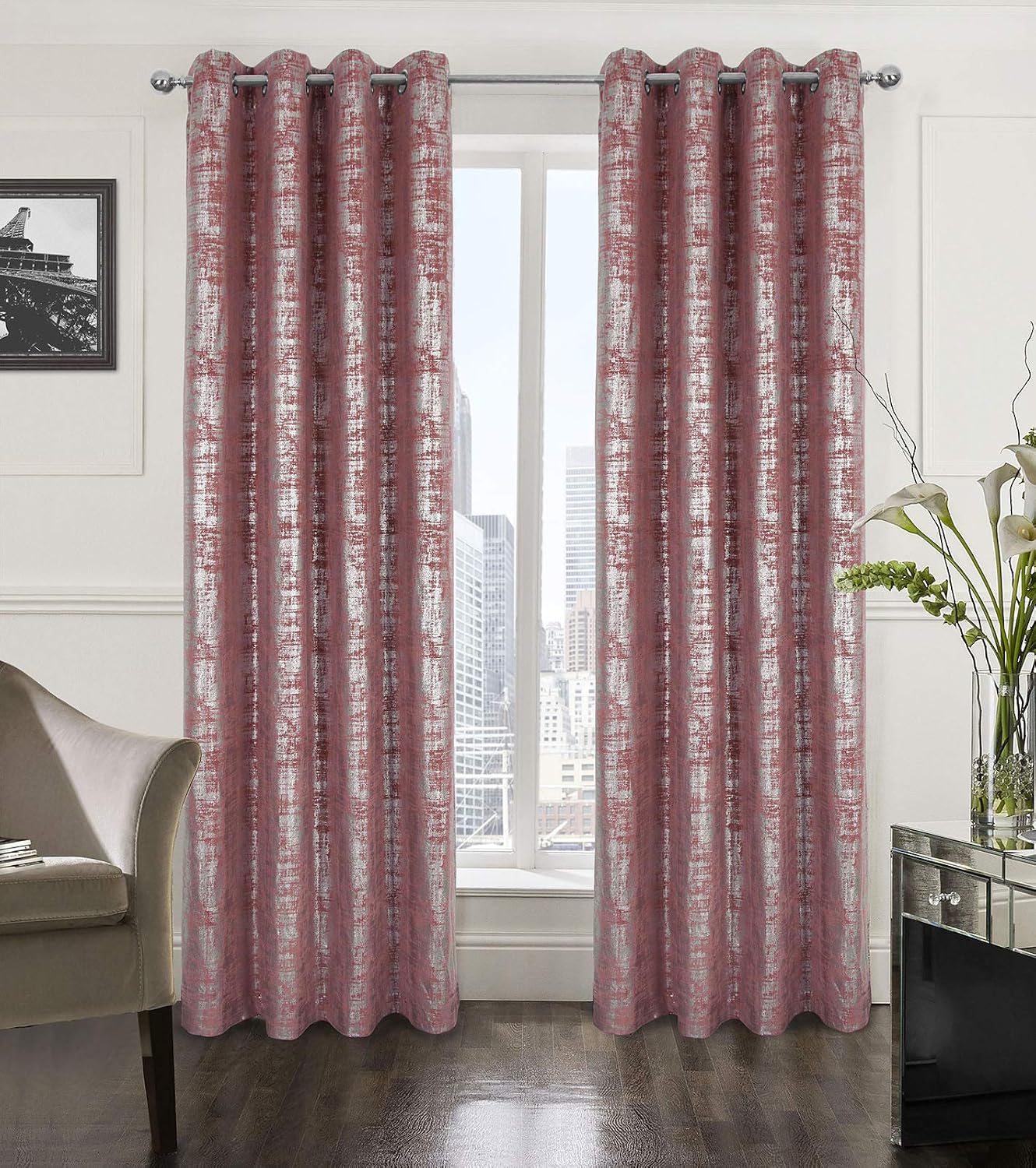 always4u Soft Velvet Curtains 100% Blackout for Window for Bedroom Thermal Silver Foil Printed Shining Luxury Window Treatment Drapes for Living Room 1 Pair Pink 66 * 90