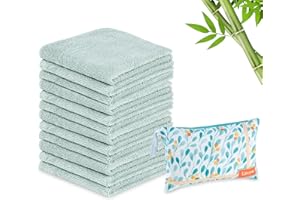 Lavien Home 12 Pack Bamboo Washcloths Sage Green with Multi-Purpose Clutch Bag, Ultra-Soft Absorbent Towels for Face, Body, Shower, Make-Up, Baby, and More, Reusable Wipes, 10"x10" (Green)