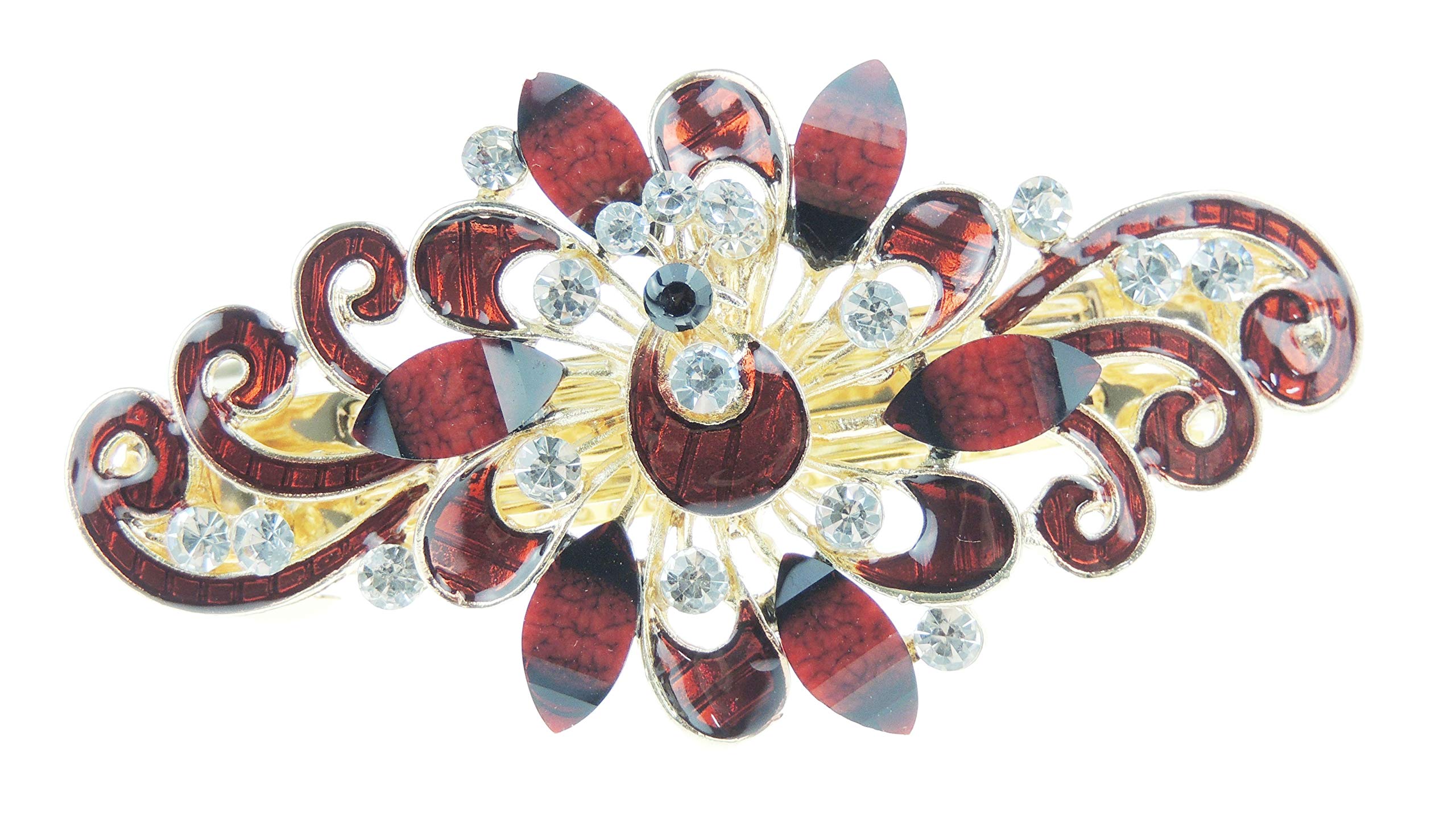 Womens Girls Crystal Rhinestone Diamante Wedding Birthday Party Evening Ponytail Fine Medium Hair Accessories Occasion Barrette Hairpin Grip French Spring Clip Enamel Peacock Flower (Red)