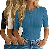 Riyiper 3 Pack Women's Half Sleeve Tops, Elbow Length Ribbed Cotton T Shirt Crew Neck Summer Tee Slim Fit Casual Blouses