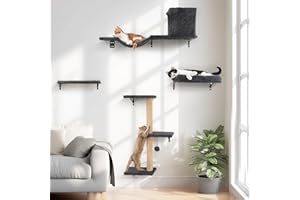 FUKUMARU Cat Wall Shelves, Stable & Safe 4 in 1 Cat Furniture Set, Wooden Climbing Wall with Scratching Post for 16 Inch Drywall - Gray
