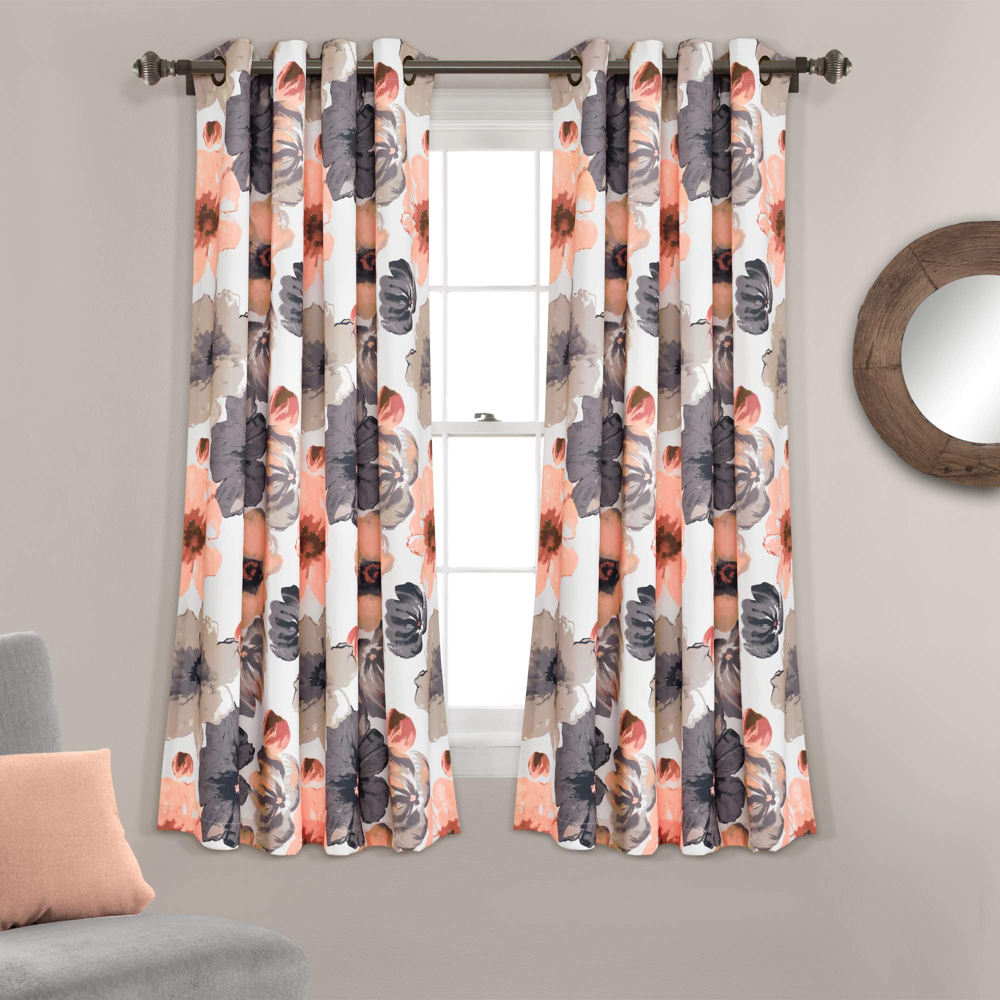 Lush Decor Leah Light Filtering Window Curtain Panel Pair Floral Insulated Grommet, 52" W x 63" L, Coral and Gray