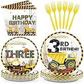 96 Pcs Construction 3rd Birthday Party Supplies Construction Plates Napkins Forks Tableware Set Excavator 3rd Birthday Decorations for Boys Dump Truck Theme 3 Year Old birthday Decorations Serves 24