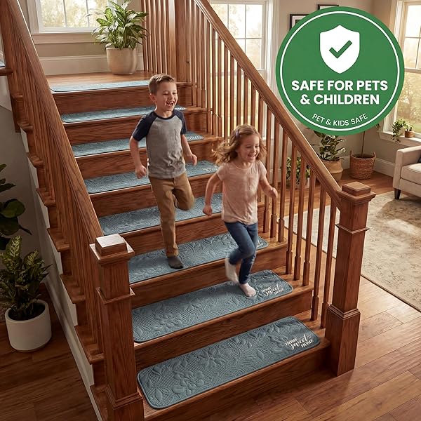 SOFT STAIR TREADS 8X30, PLUSH COTTON CUSHIONED CARPET FOR HARDWOOD FLOORS, NON-SLIP SILICONE BACKING NO ADHESIVE, QUIET SAFETY MATS FOR KIDS & PETS, MACHINE WASHABLE-BLUE