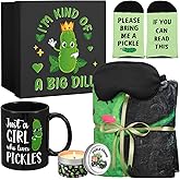 Ziliny 6 Pcs Funny Pickle Gifts Set for Women Just a Girl Who Loves Pickles Lovers Gifts 12 oz Mug Drinking Jars Makeup Bag Sock Blanket with Box for Vlentines Employee Coworker Birthday Party Favor