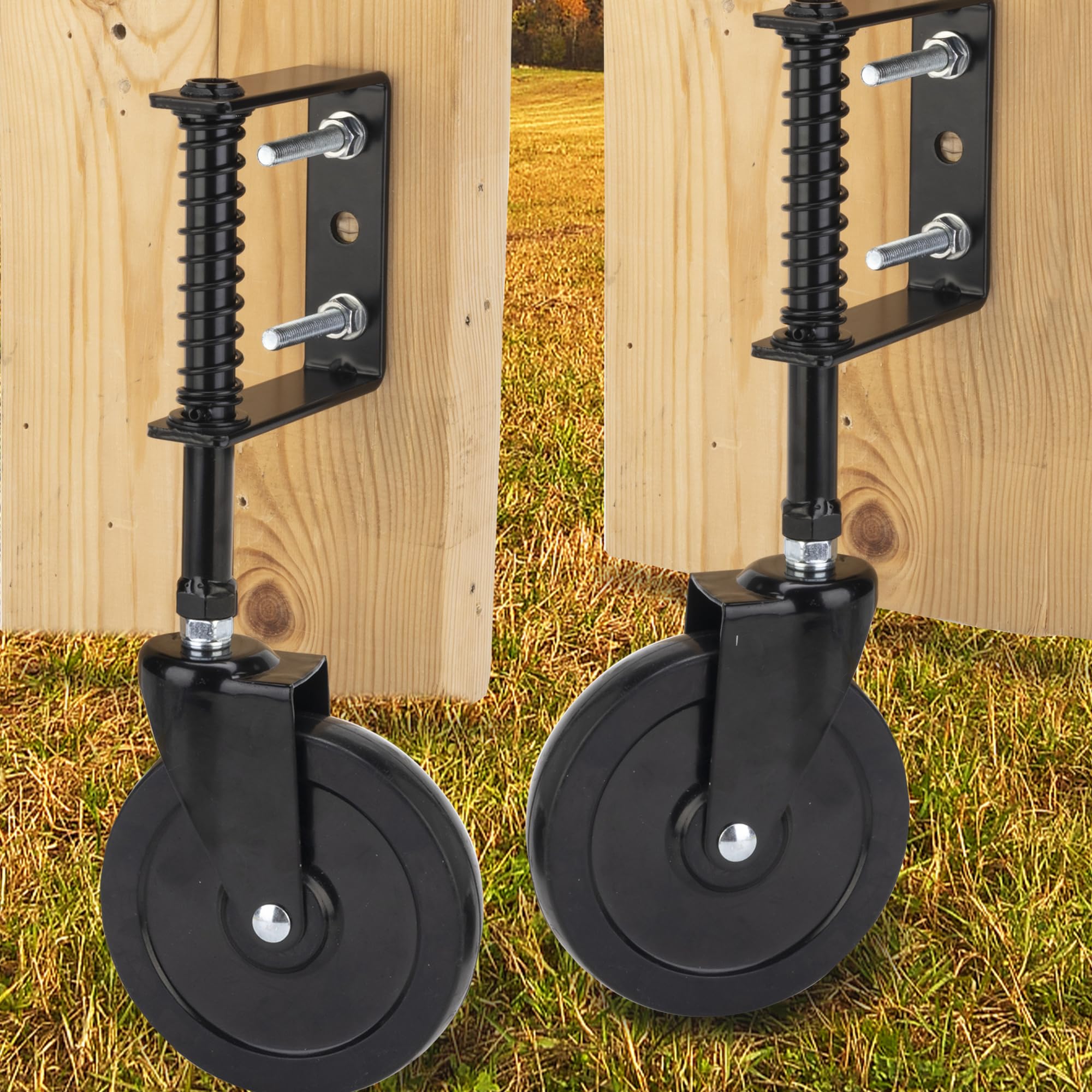 Photo 1 of Auxdee Black Spring Loaded Adjustable Gate Wheel, 5 inch Heavy Duty Gate Wheel Casters without Break for Wooden Gate and Fence, Swing Gate Support Wheel with Universal Mount Plate, 2 Pack