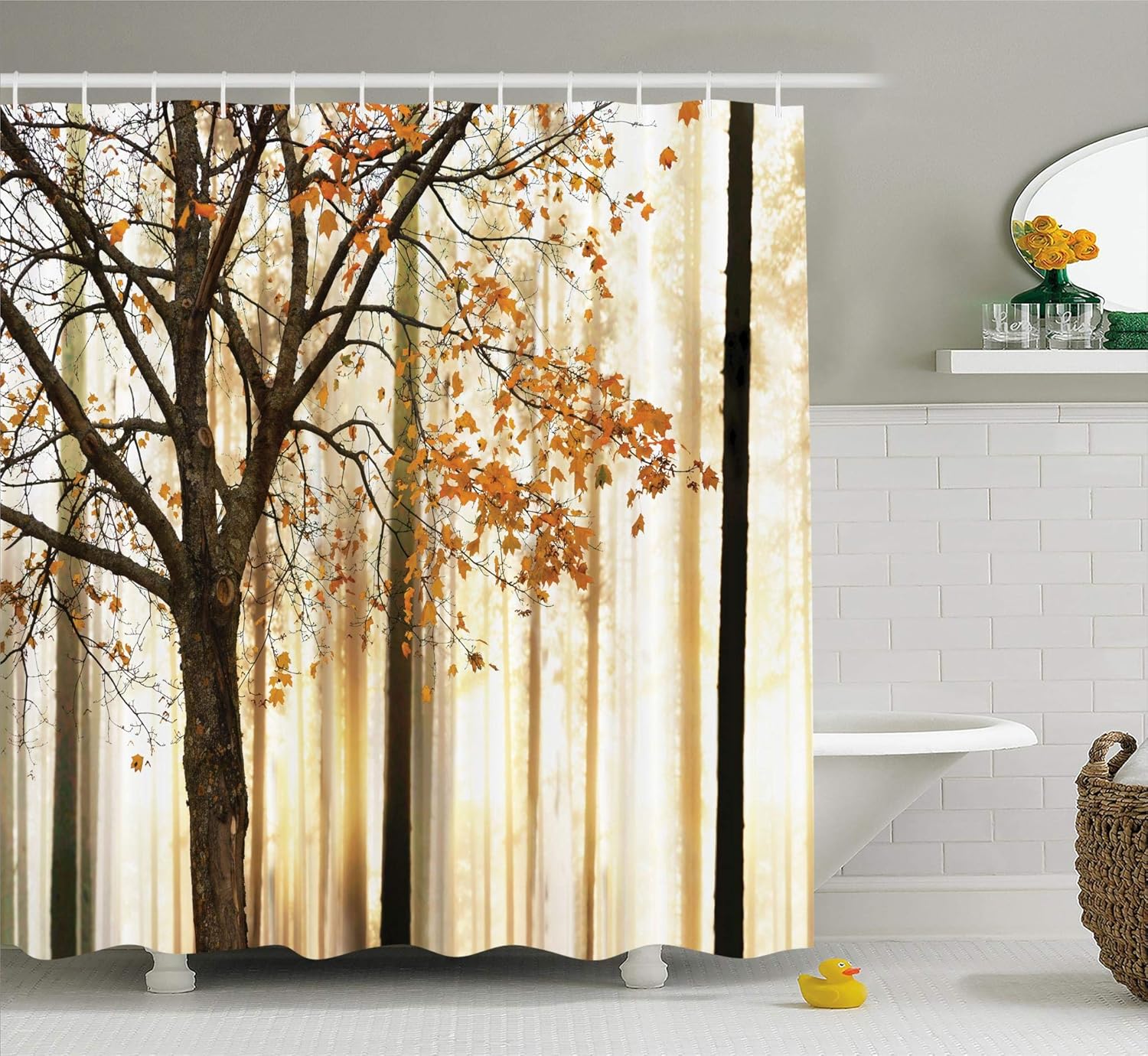 Ambesonne Autumn Shower Curtain, Picture of a Lonely Tree with Orange
