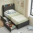 GAOMON Twin Size Bed Frame with 2 Storage Drawers and Charging Station, Rustic Linen Upholstered Platform Bedframe with Storage Headboard, Heavy Duty, No Box Spring Needed, Easy Assembly, Noise Free
