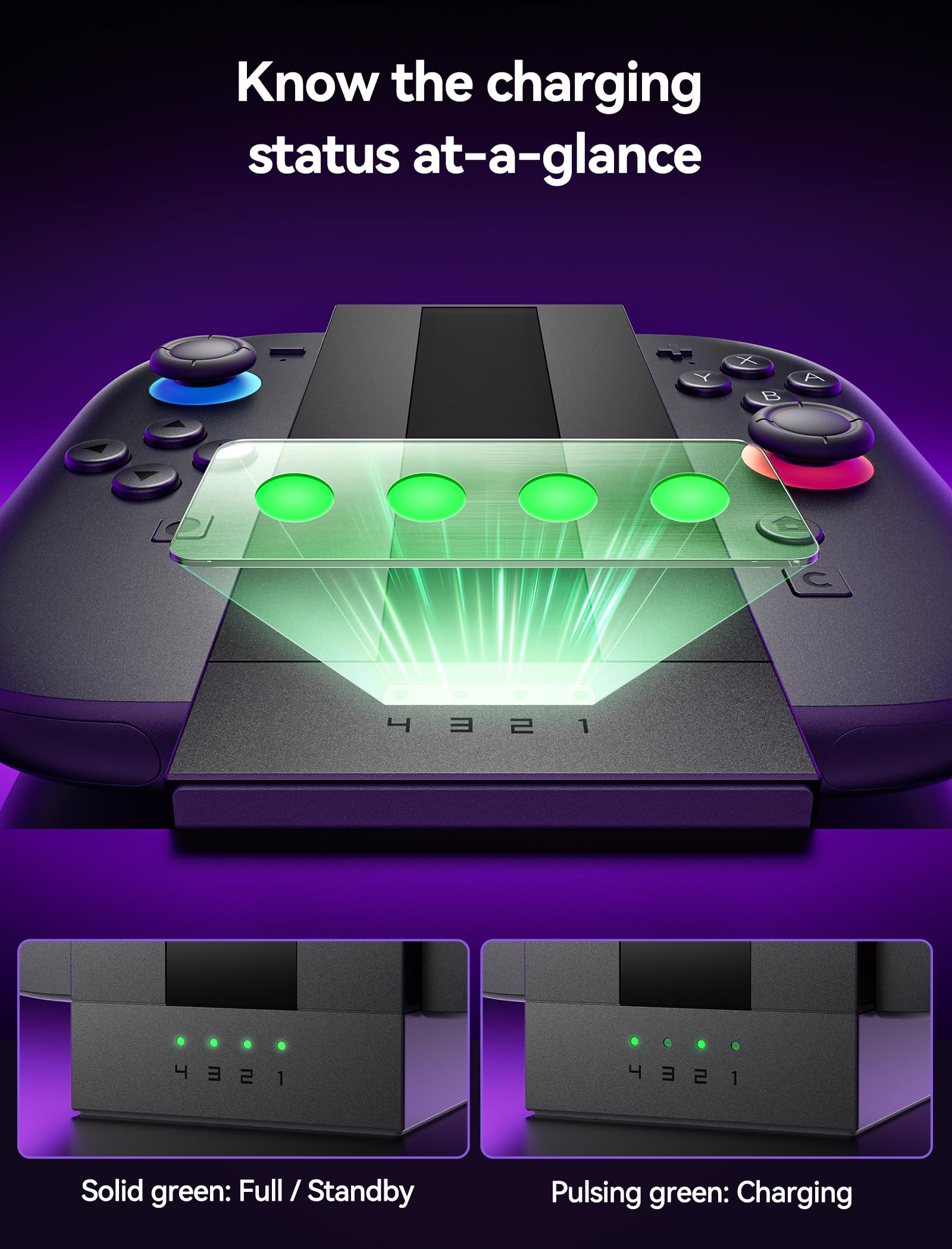 JSAUX EnergyFlow Ladestation für Nintendo Switch 2 JoyCon Controller, 4-in-1 Magnetische RGB-Ladestation mit LED-Anzeige, Switch 2 JoyCon Zubehör mit 1,5M USB C Kabel 4