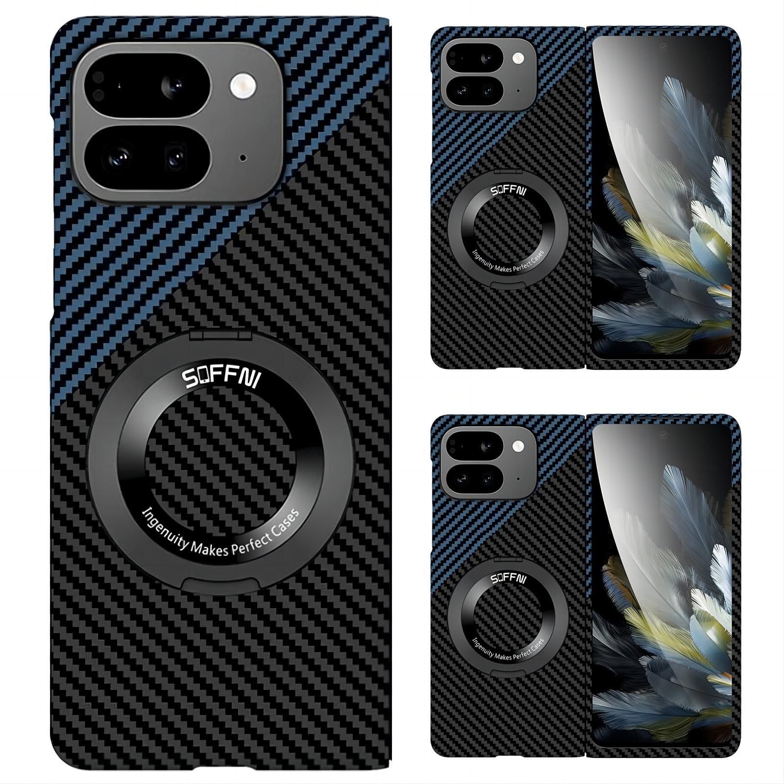 Hülle Case for Pixel 9 Pro Fold Cover Carbon Fiber Wireless Charge + 360°Rotating Ring Bracket,Curved Shell for Google Pixel 9 Pro Fold(3)