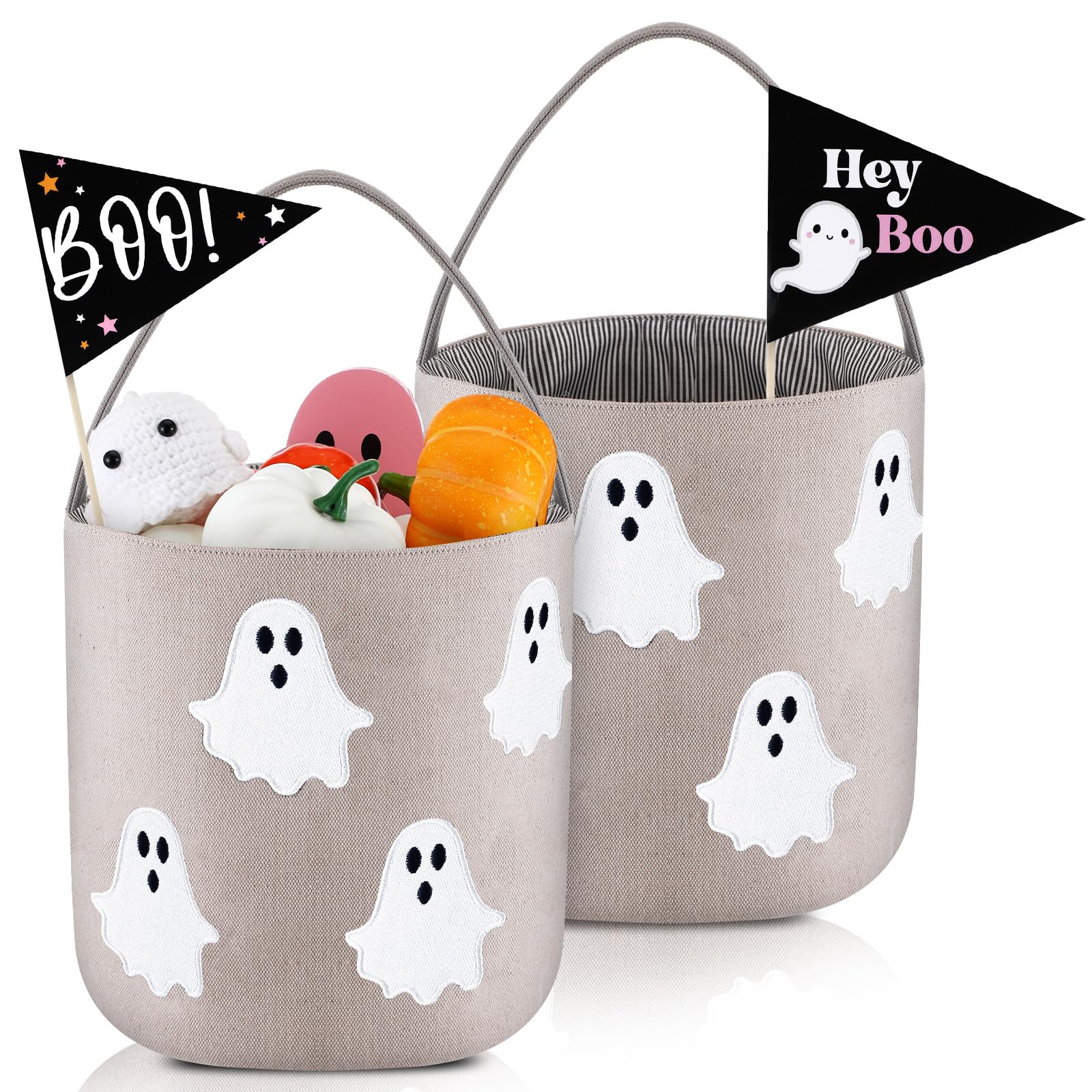 Photo 1 of Locmeo 2 Pcs Halloween Boo Basket Halloween Trick or Treat Bag Cute Goodie Candy Basket with 2 Boo Pennant Flags Candy Gift Buckets for Party Favors Supplies(Beige)