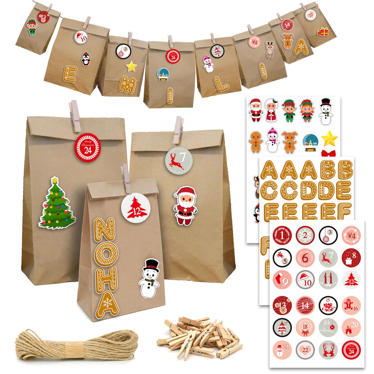 DuneDesign XXL SET WITH NAMES: 24 Advent Calendar Paper Bags - Self Fill Advent Calendar with 100 Stickers - DIY Advent Calendar Xmas Gift Bags - Create Your Own Advent Calendar - Strong Paper Bags