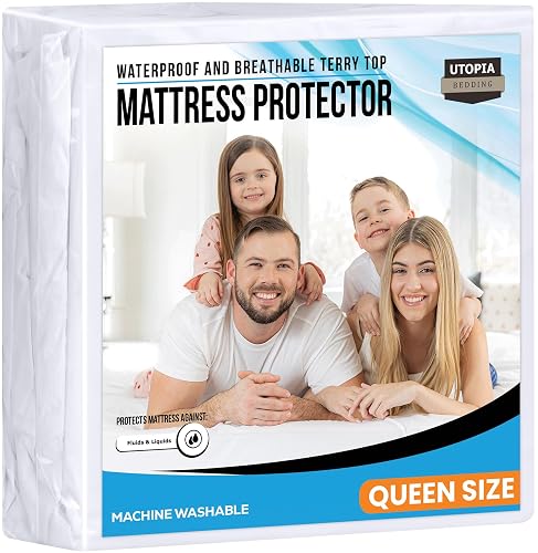 Utopia Bedding Waterproof Mattress Protector Queen Size, Premium Terry Mattress Cover 200 GSM, Breathable, Fitted Style with Stretchable Pockets (White)