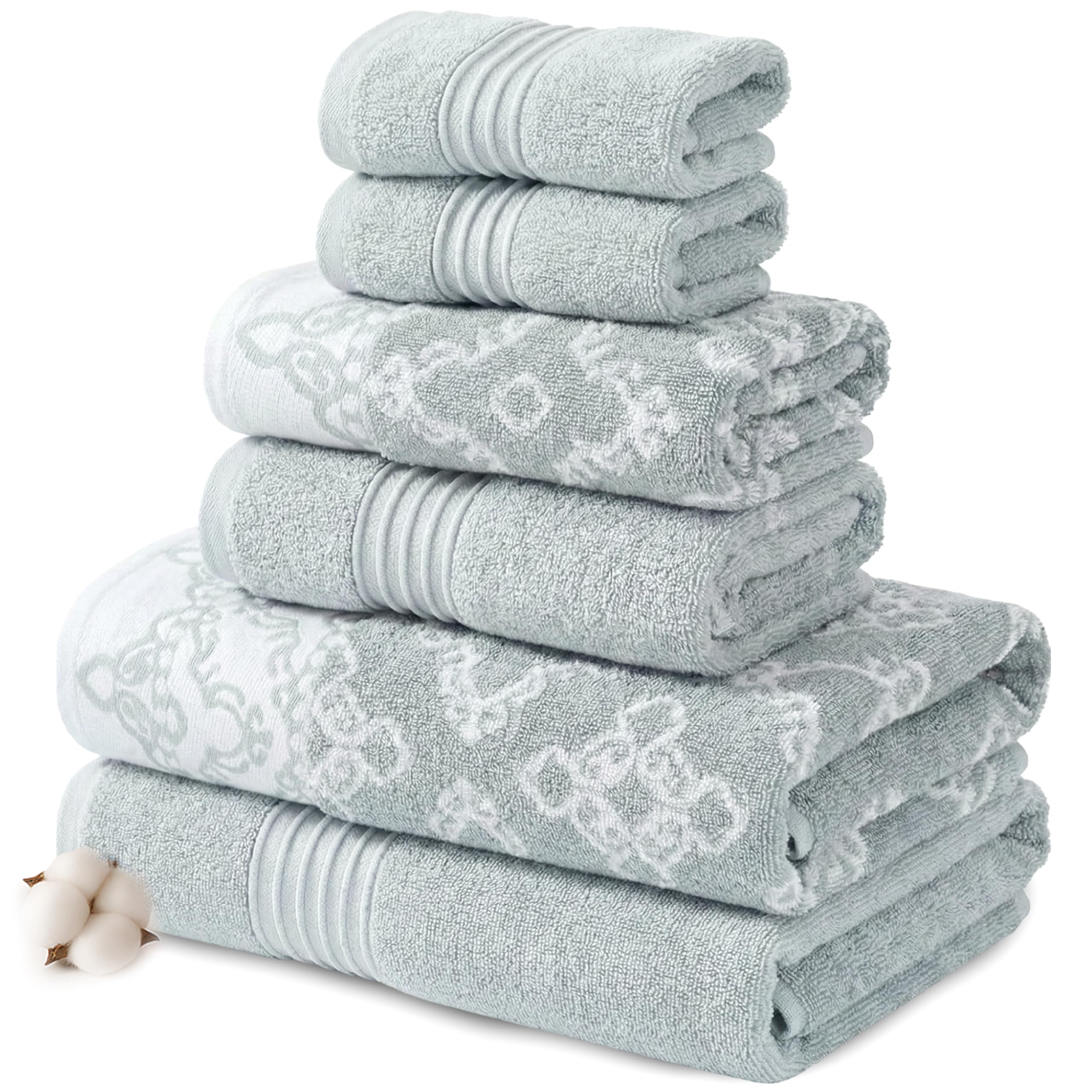 Modern Threads 6 Piece Set, 2 Bath Towels, 2 Hand Towels, 2 Washcloths Yarn Dyed Jacquard/Solid Towel Set Charlize Dark Sage