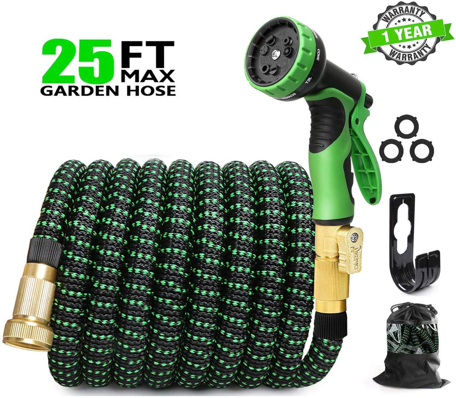 EASYHOSE 50ft Expandable Water Garden Hose, Expanding Flexible Hose with Strength Stretch Fabric with Brass Connectors - 9 Way Spray Nozzle +12 Months Warranty : Garden & Outdoor
