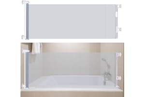 STCOCKIS Bathtub Splash Guard for Tub Kids and Pets with Splash Strips, No Drilling 71" Wide Retractable Waterproof Shower Splash Guard for Bathtub, Space-Saving Bathtub Water Guards Retractable Gate, Clear