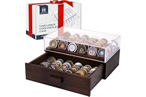 PARKWAY HOME Large Wooden Challenge Coin Display Case with Clear Cover - Military Coin Display Case Holds 36 Coins on Top & 36 in The Storage Drawer - Versatile Coin Stand Holder & Poker Chip Display Case - Brown