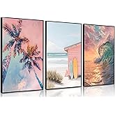 3Pcs Coastal Summer Surf Canvas Wall Art Preppy Aesthetic Tropical Beach Painting Picture Wall Decor Palm Trees Surfboard Waves Poster Print Artwork for Bathroom Bedroom Living Room Home Decoration【UNFRAMED】
