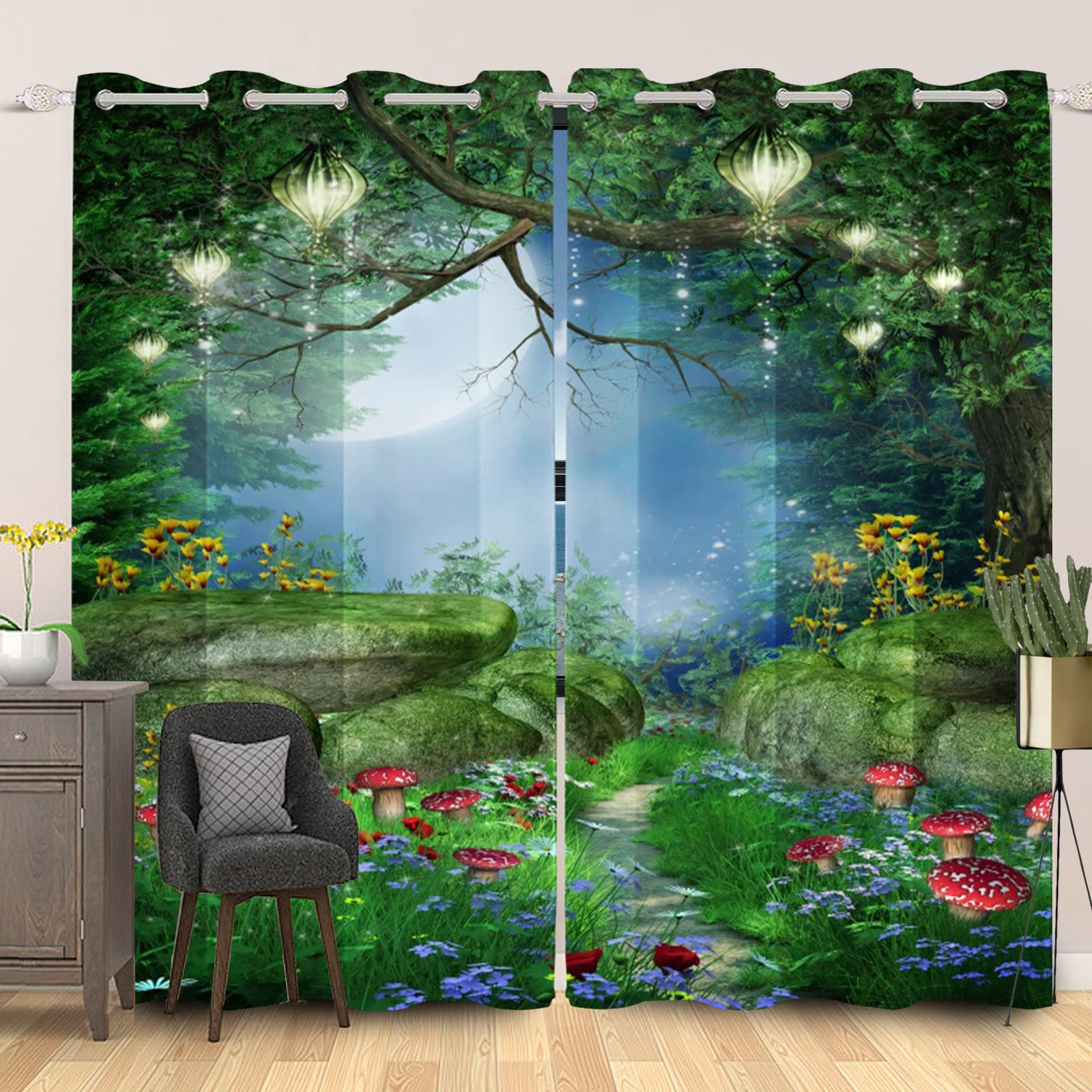 SDOTPMT 107x215cm Magic Forest Window Curtains Fairytale Mushroom Lantern Green Grass Window Drapes Flower Jungle Natural Window Treatment for Kids Living Room Bedroom Blackout Curtain, 2 Panels