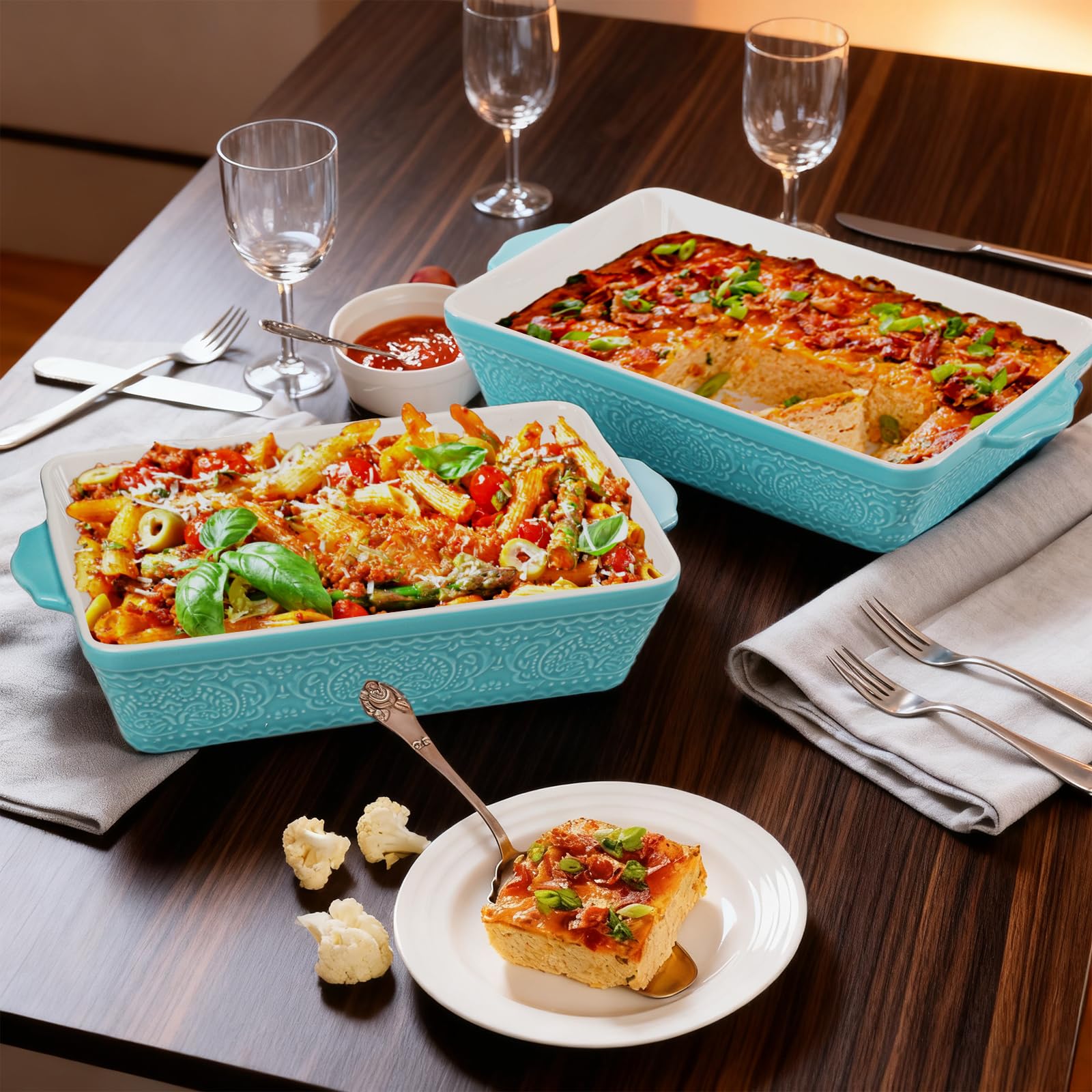 SOUJOY Ceramic Baking Dish Set of 3, Oven-to-Table and Non-Stick Rectangular Casserole Dishes with Sturdy Handles, Space-Saving Stack Lasagna Pan for Cooking, Serving, Roasting, Gifting, Turquoise