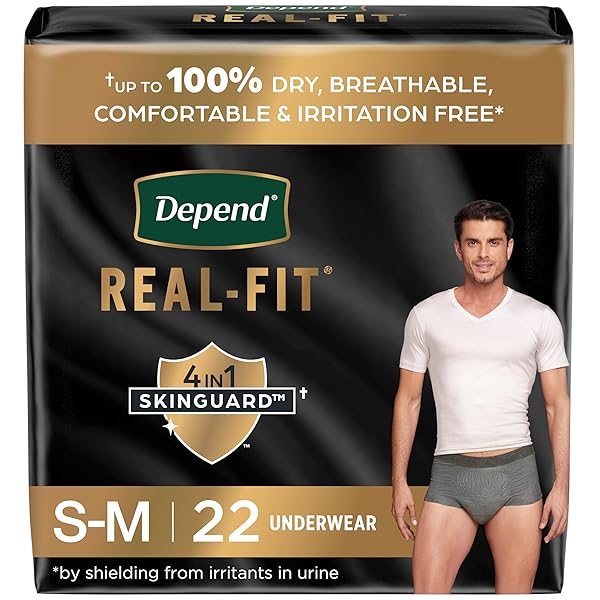 DEPEND REAL FIT INCONTINENCE UNDERWEAR FOR MEN, DISPOSABLE, MAXIMUM ABSORBENCY, SMALL/MEDIUM, GREY, 22 COUNT, PACKAGING MAY VARY