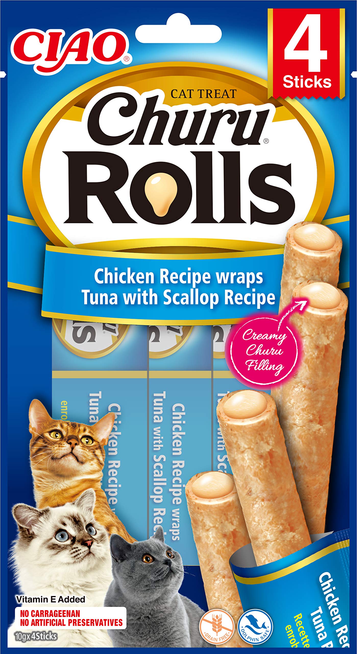 Ciao Churu Rolls by INABA Cat Treat - Chicken, Tuna & Scallop Flavour 12 Pack (48 x 10g) / Crispy Sticks with Creamy Filling Cat Treat, Delicious & Healthy Snack, Hand Feeding, Natural, Grain Free