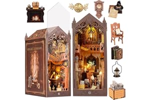 Vaki Vaki Book Nook Kit with Dust Cover & LED Light, Miniature House Kit for Birthday, 3D Wooden Bookends Puzzle, Bookshelf Decor for Adults, Teens, Beginners (Magic Bookstore)
