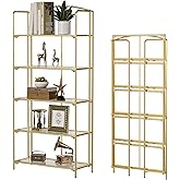 Crofy No Assembly Folding Bookshelf for Living Room, 5 Tier Gold Collapsible Book Shelf for Home Office, Portable Bookcase Storage Organizer