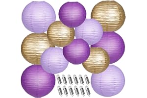 YUNXUAN Paper Lanterns Decorative, Purple Lavender Gold Hanging Round Chinese Lanterns with Lights for Graduation Bachelorette Theme Birthday Party 12 LED Light Pack of 12