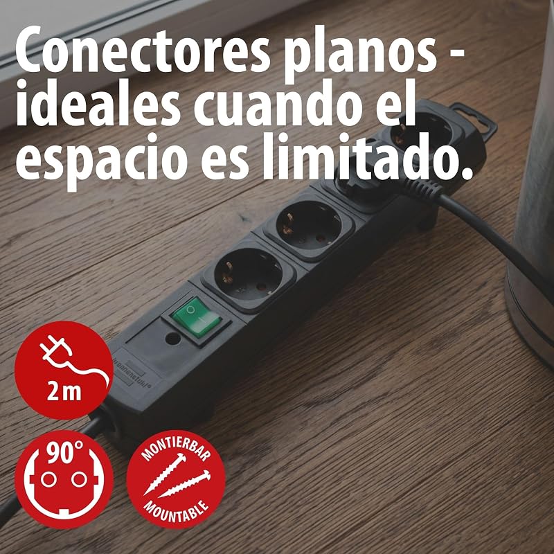 Comfort Line regleta de enchufes con 4 Tomas de Corriente para Montaje (Cable de 2 m, Interruptor Iluminado, montable, Enchufe Plano) Negro