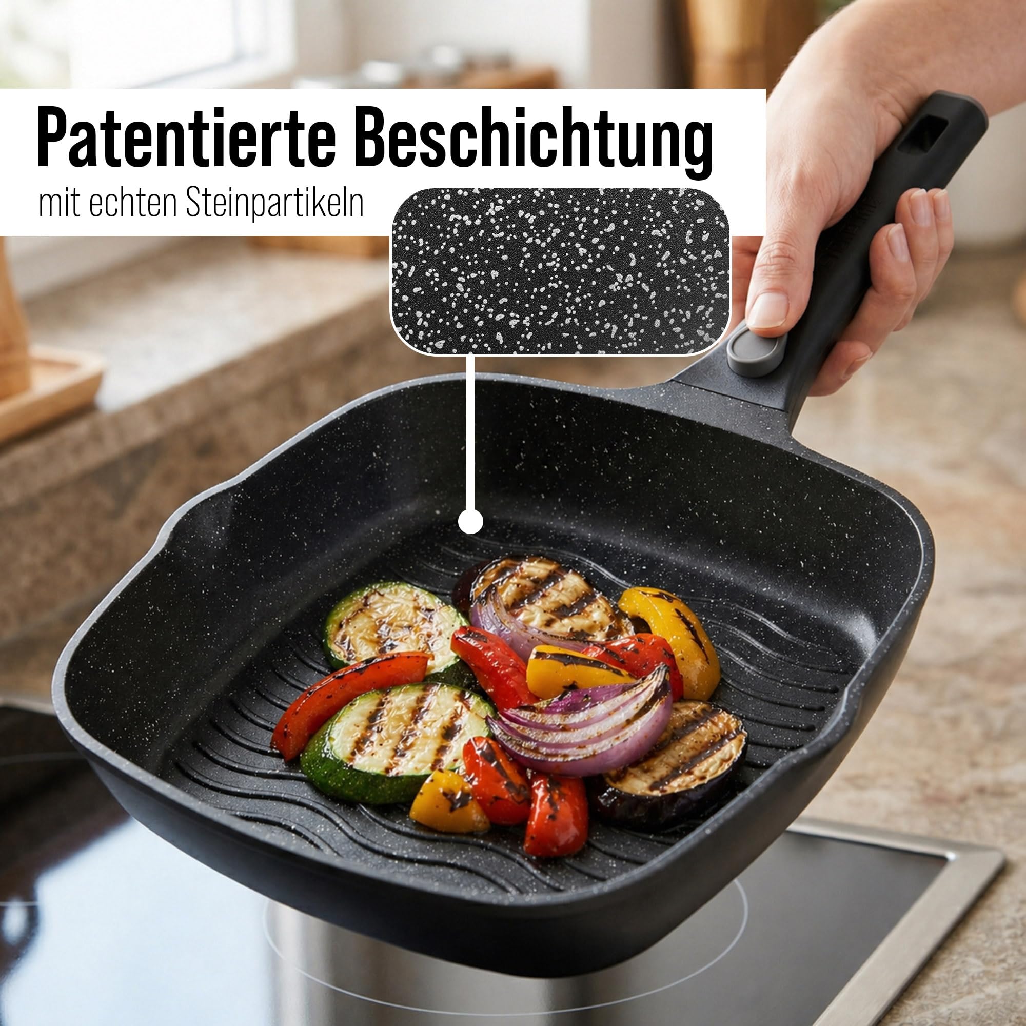 STONELINE SMART Grillpfanne 28 cm ☆ REDESIGN 25/26 ☆ Große Steak Pfanne Aluguss, Abnehmbarem Griff, Pfanne Induktion, Alle Herdarten, Antihaftbeschichtet mit echten Steinpartikeln, Grau 4