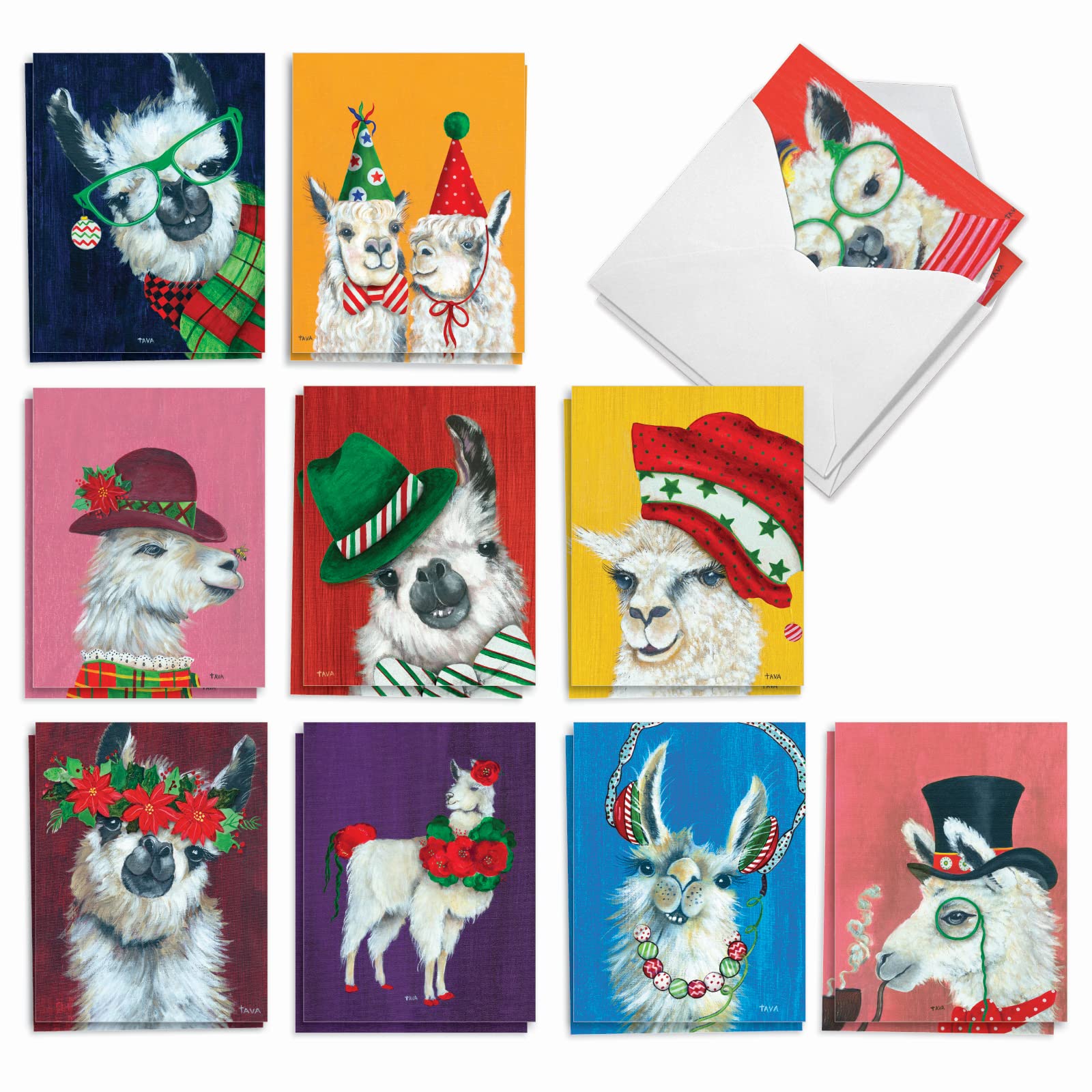 The Best Card Company - 20 Merry Christmas Greeting Cards (4 x 5.12 Inch) - Colorful Wacky Funny Animals, Hats and Eyeglasses (10 Designs, 2 Each) - Personality Llamas AM7036XSG-B2x10