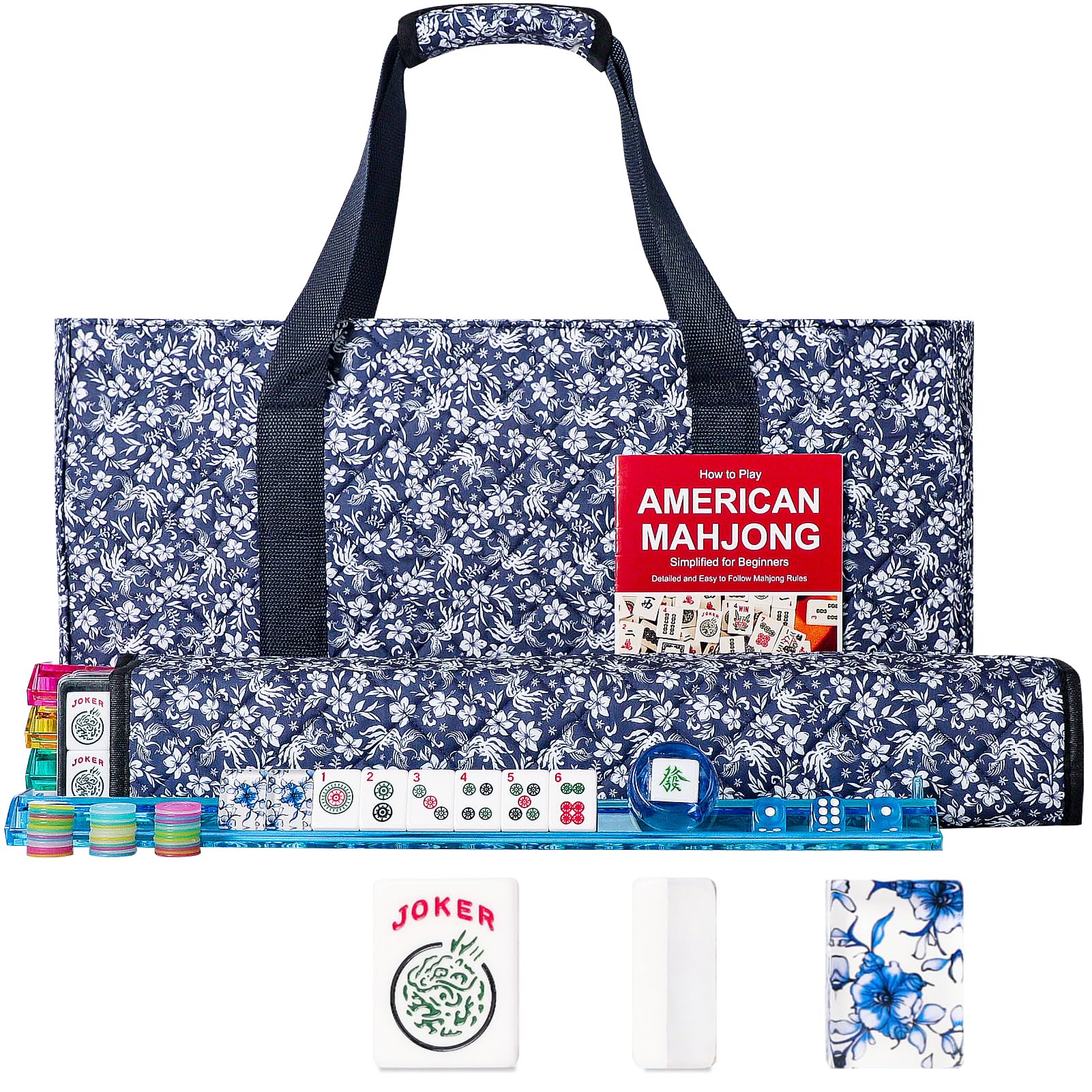 American Mahjong Set,166 Premium Acrylic Tiles with Blue Prints, 4 All-in-One Color Rack/Pushers, Complete Mahjong Game Set with Floral Blue Carrying Bag